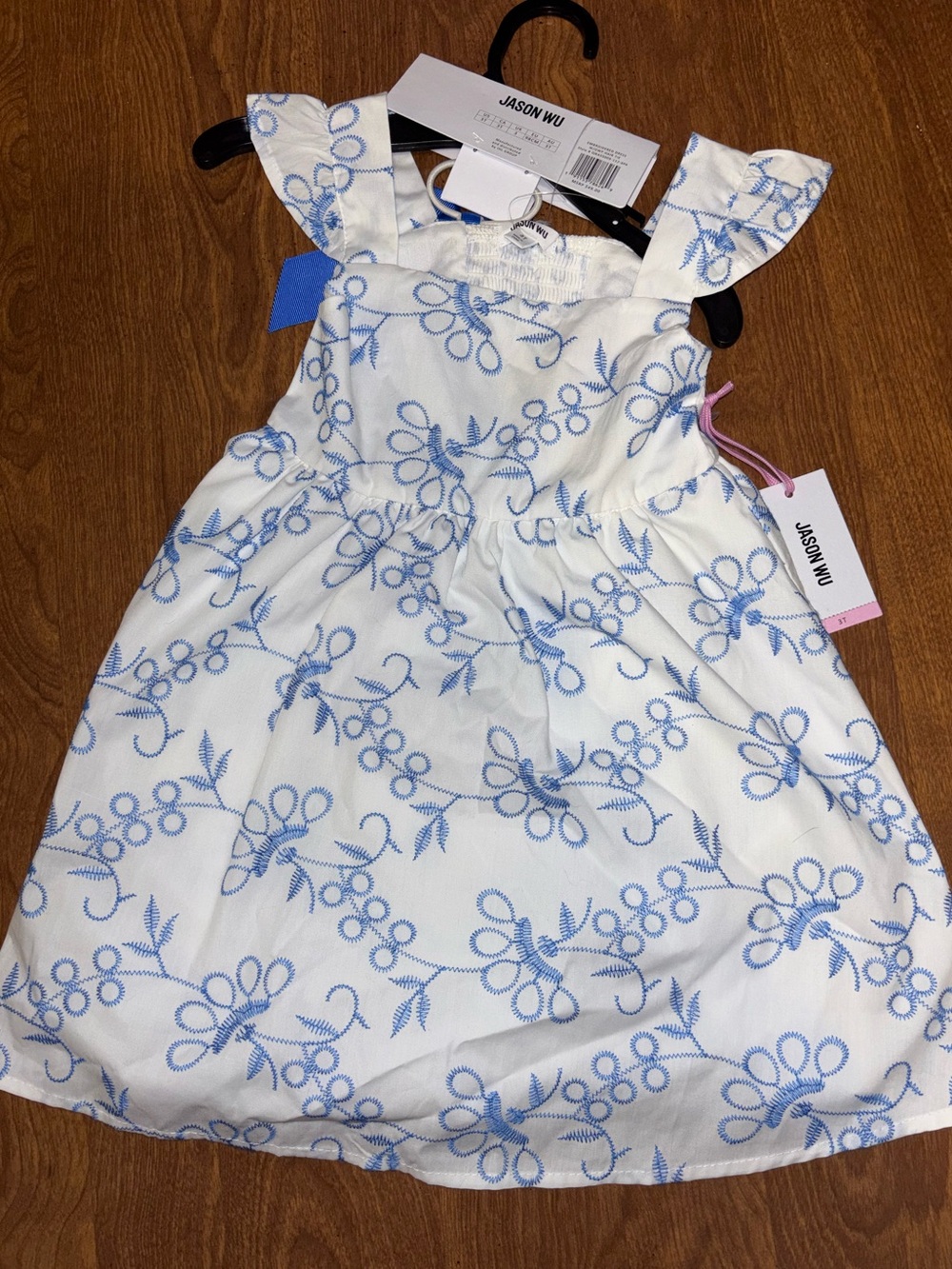 Girls Jason Wu White Dress with Light Blue Floral Embroidery with bow NWT 3t